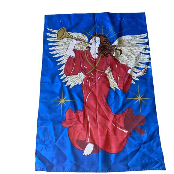 Vintage Garden Holiday Christmas Flag Angel blowing Trumpet Red Gold Blue - Picture 6 of 6